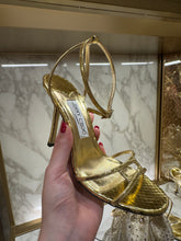 Load image into Gallery viewer, Jimmy Choo - Leo 100 Black Aluminum Effect Leather Sandals - Golden