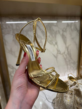 Load image into Gallery viewer, Jimmy Choo - Leo 100 Black Aluminum Effect Leather Sandals - Golden

